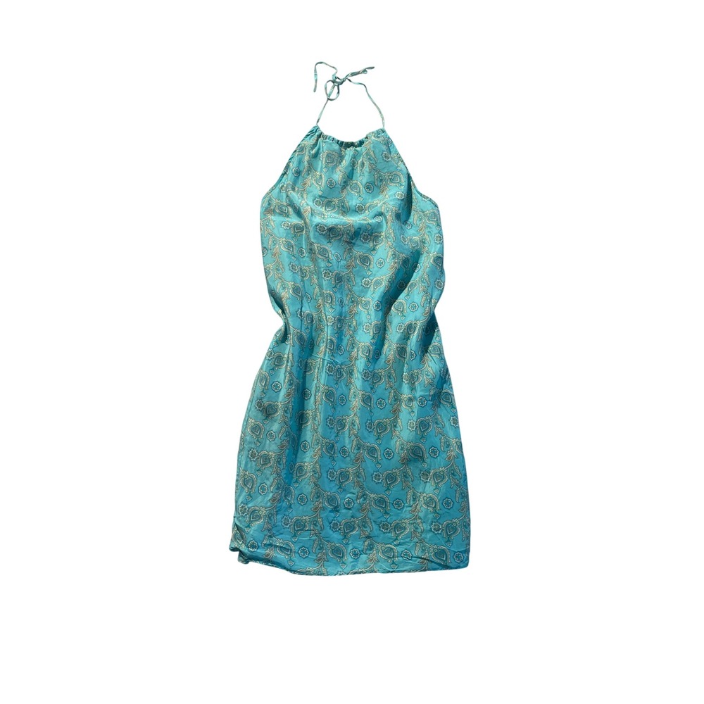 Vintage Silk Halter Mini Dress Turquoise Blue Paisley Print Size 6 by GAP
